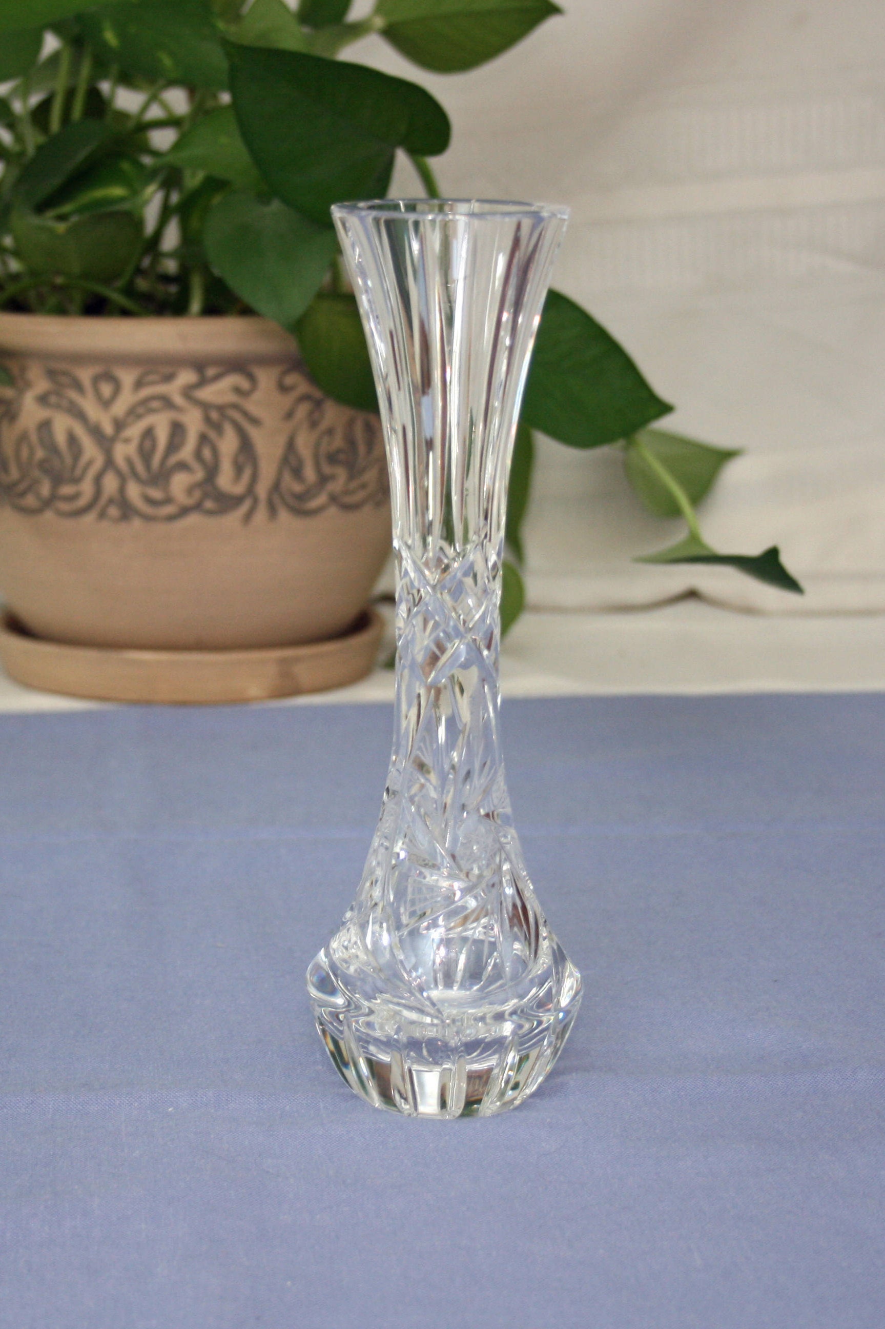 Vintage Lead Crystal Fluted Bud Vase Hand Cut Swirled Star pinwheel