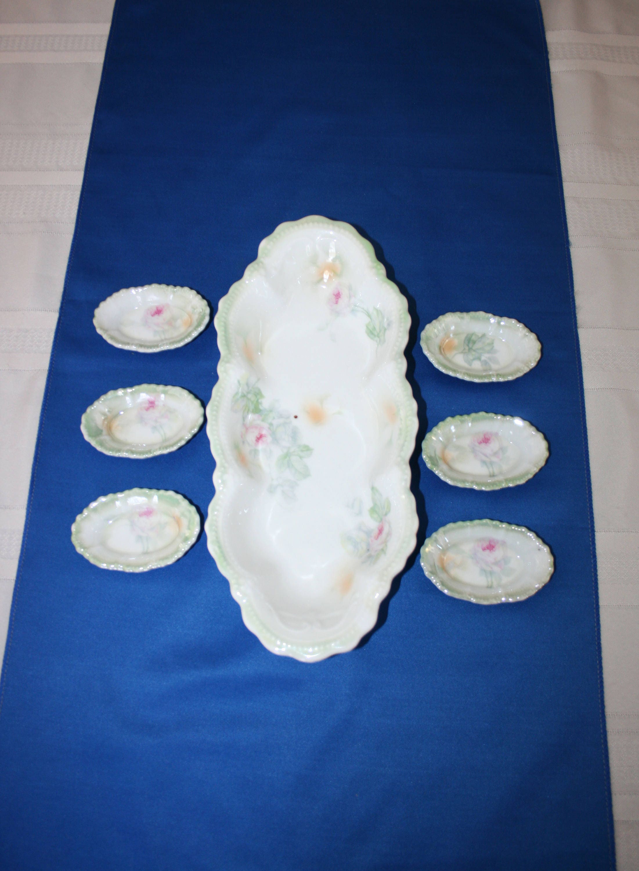 Antique Celery Serving Dish Set 6 Matching Salt Dip Cups Made in