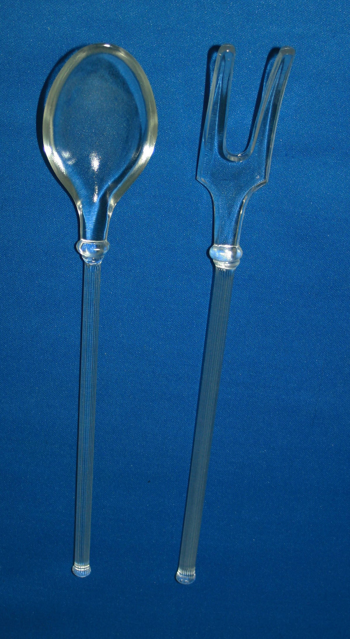 Vintage Clear Bohemian Glass Salad Serving Fork and Spoon with Ribbed