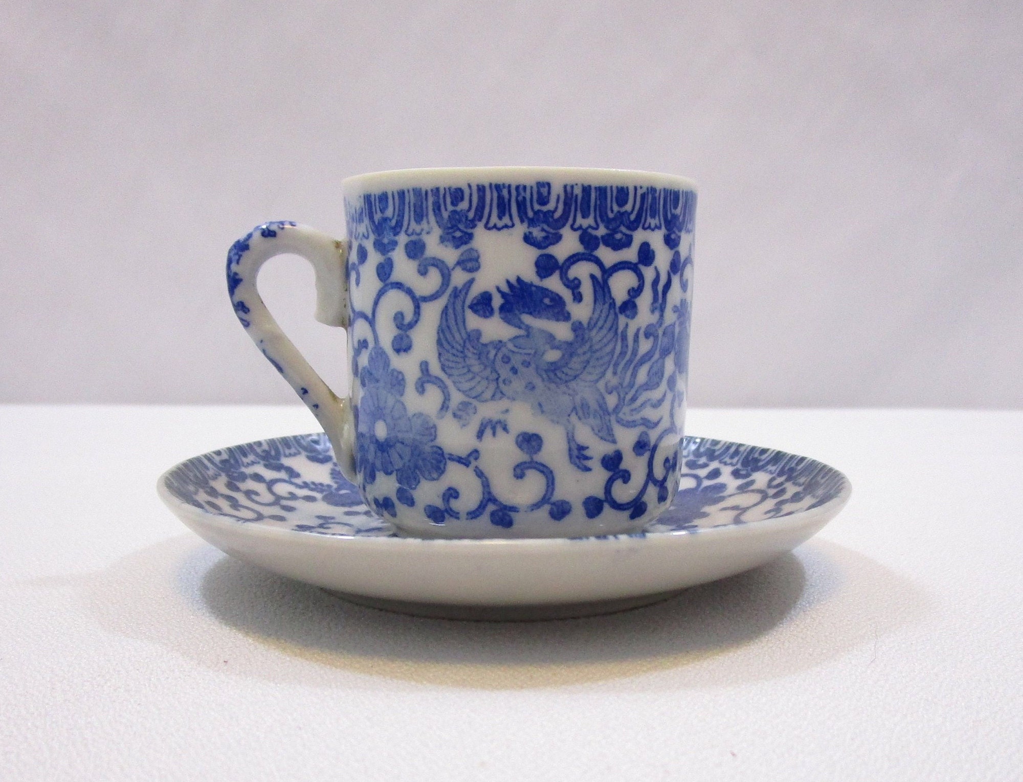 Vintage Phoenix Teacup and Saucer Blue on White Transferware Demitasse Tea Cup & Saucer Made in
