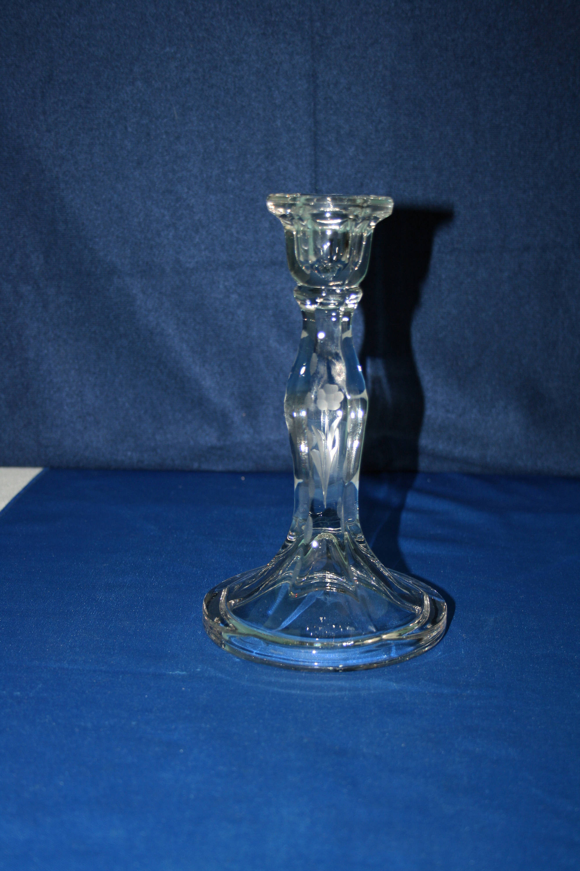 Antique EAPG era Cut Glass Floral Candlestick ladder cut etched glass