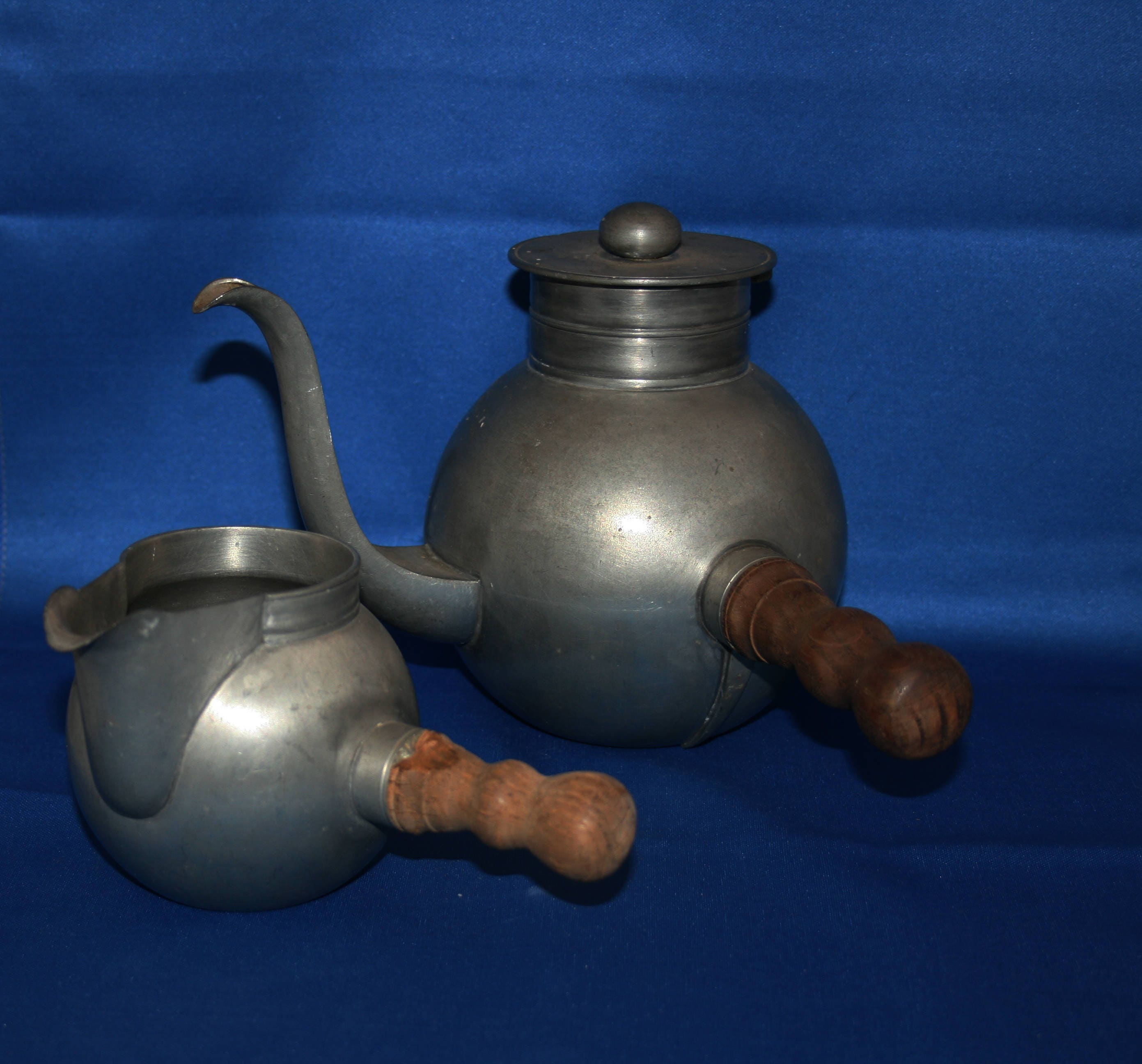 Vintage Havstad Norwegian Pewter Wood Handle Teapot Handled Creamer and Sugar Bowl circa 1940’s