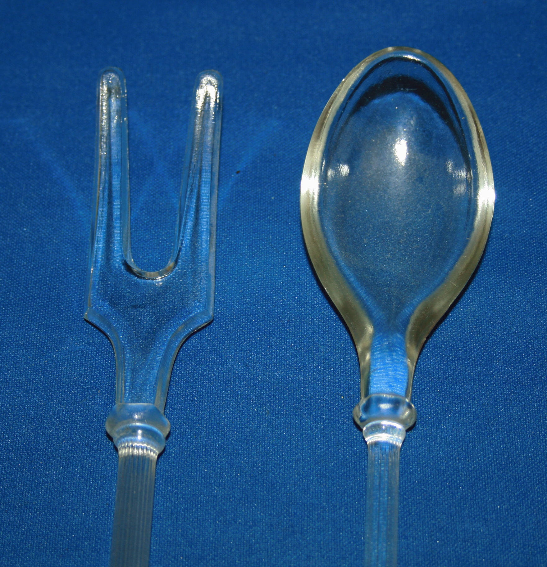 Vintage Clear Bohemian Glass Salad Serving Fork and Spoon with Ribbed