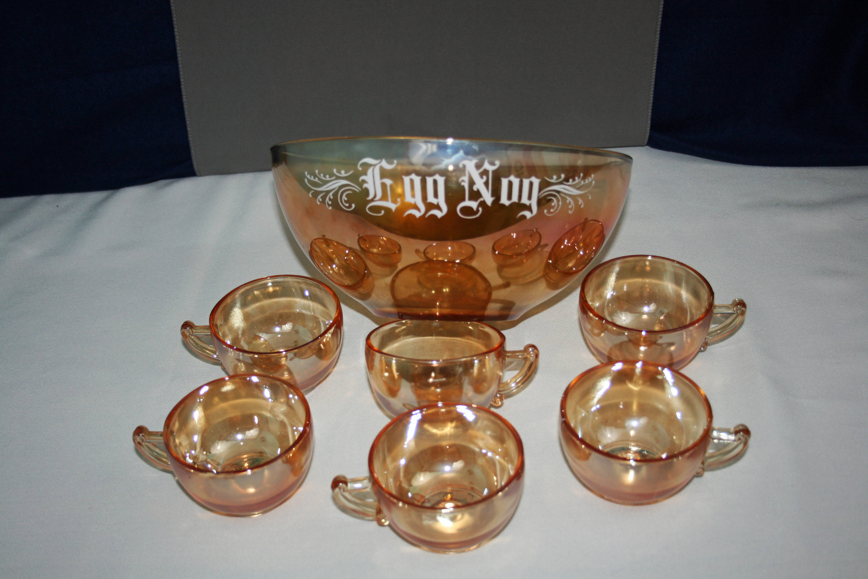 Vintage Glass Co Carnival Glass Eggnog Bowl and 6 Cup Set in