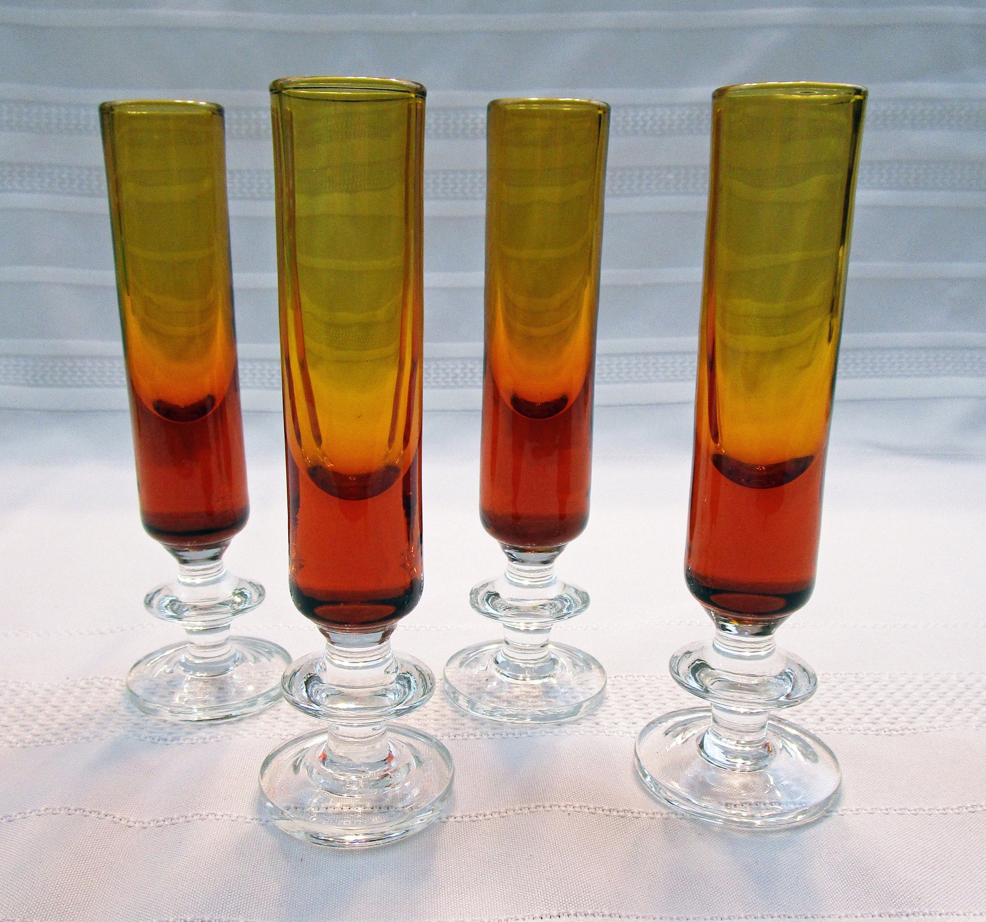 Vintage Set of 4 Shot Glasses Amber and Clear Stemmed Shot Glass Aperitif Cordial Glasses