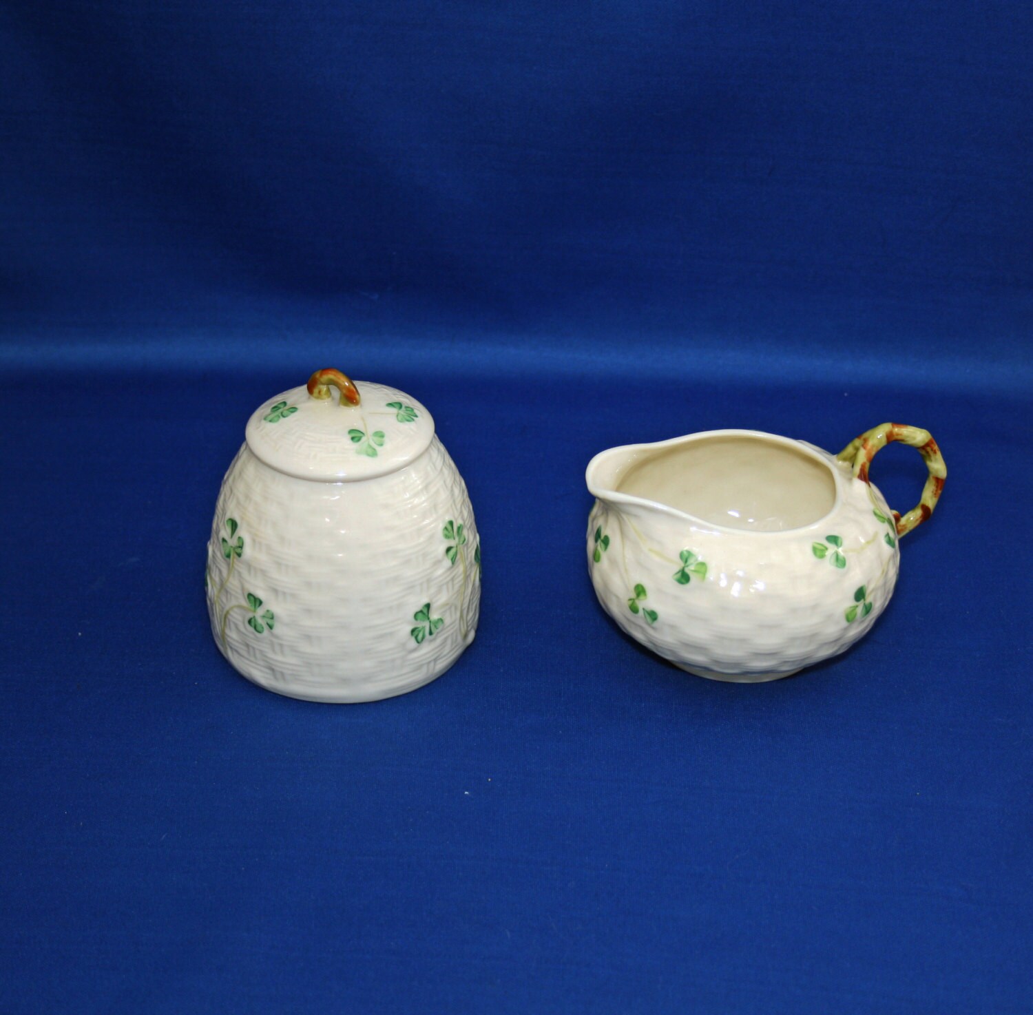 VINTAGE Belleek China Gold 7th Mark Creamer and Lidded Marmalade