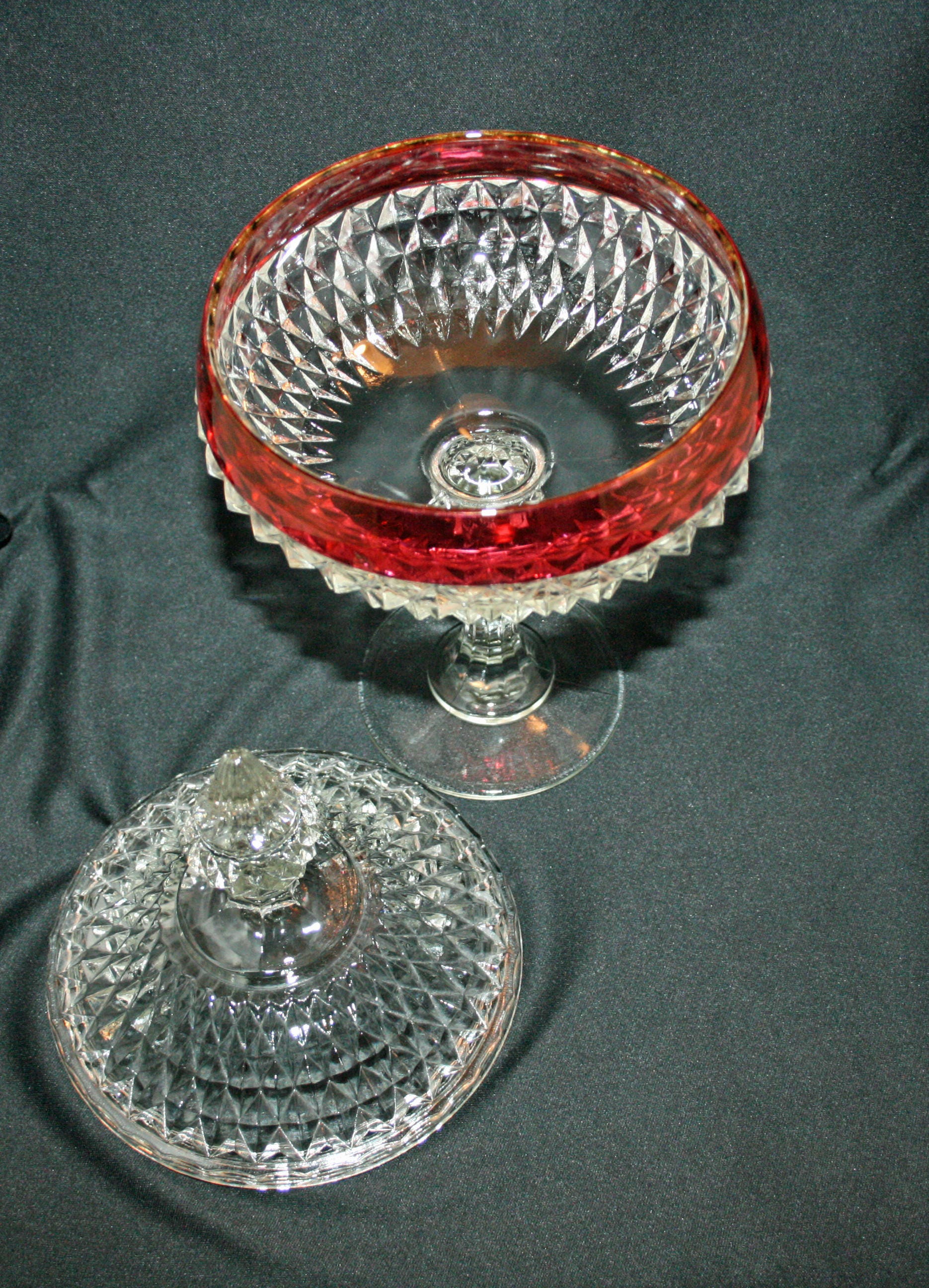 Vintage Indiana Glass Diamond Point Pedestal Candy Dish Ruby Band
