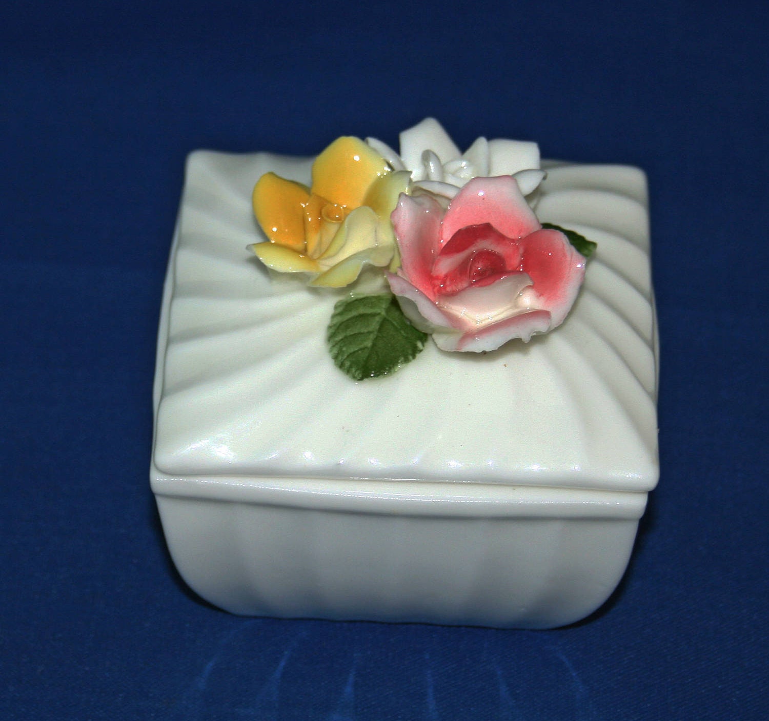 Vintage Square White Porcelain Lidded Trinket Box with Red, Yellow