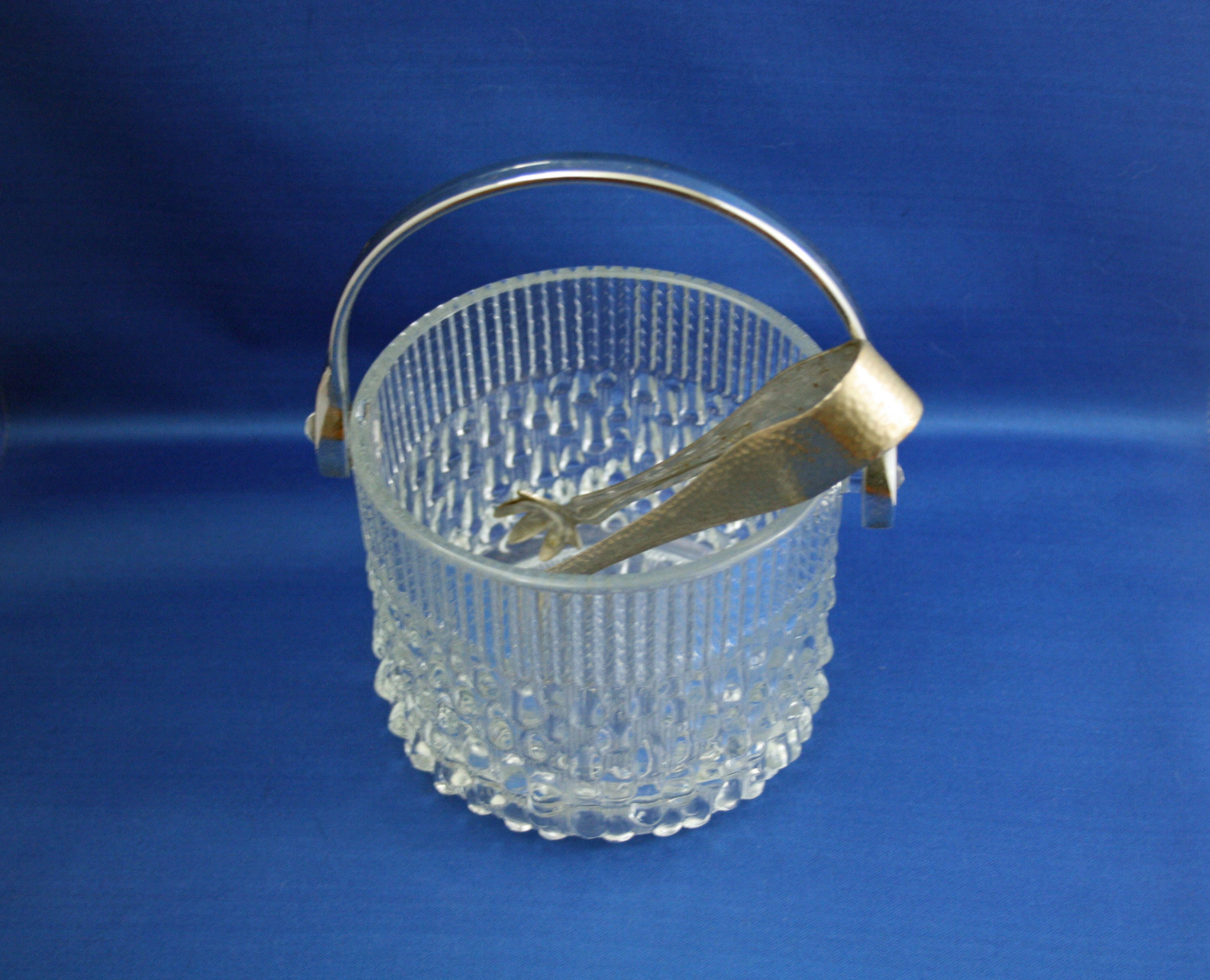 Vintage Ice Bucket with Tongs Teleflora Glass Chrome Handled Made in