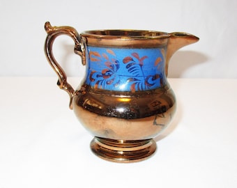 Antique Copper Luster Pitcher Blue Band Floral Luster Creamer milk cream syrup Victorian Housewares circa 1820 – 1900 Farmhouse Vintage