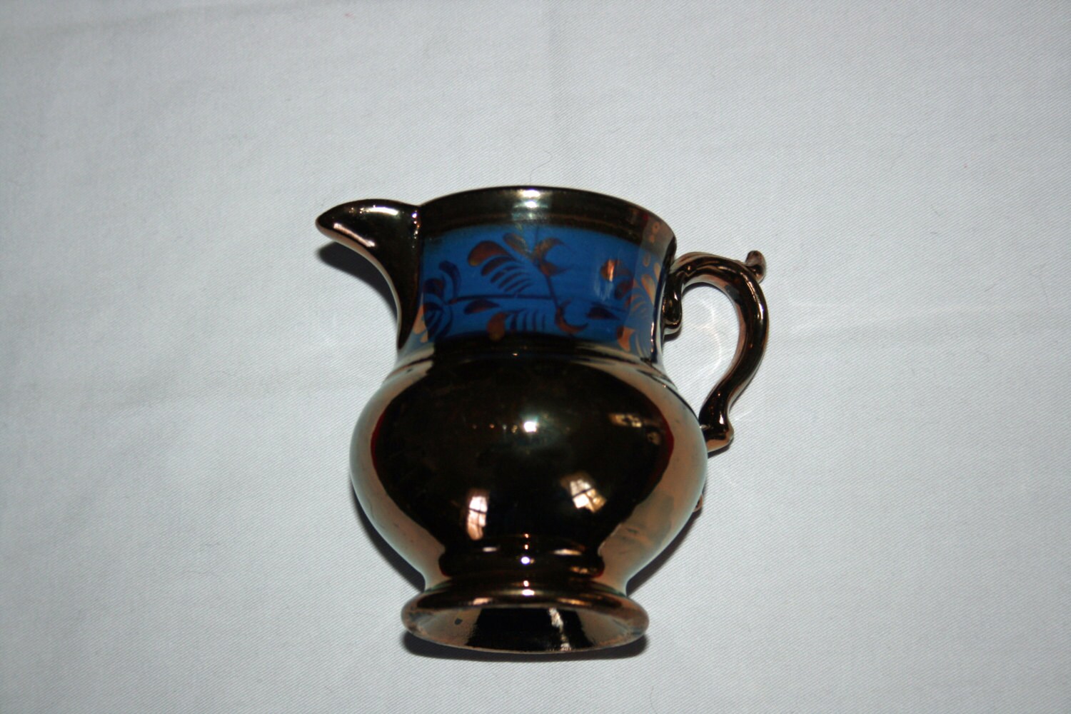 Antique Copper Lusterware Milk Creamer Pitcher with Blue Floral Band