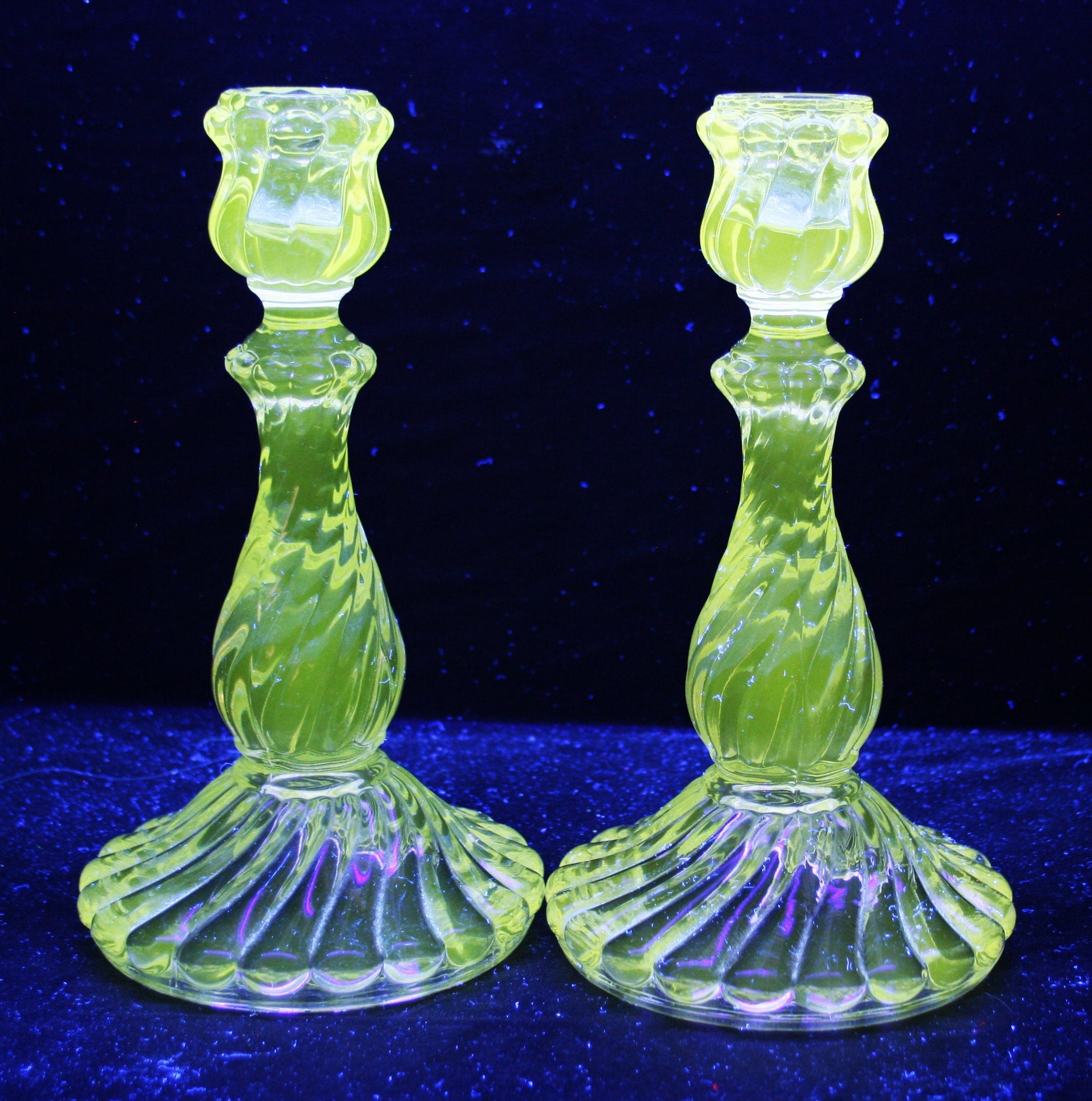 Antique Swirl Candlesticks EAPG era 9 inch Pressed Glass Spiral Pillar