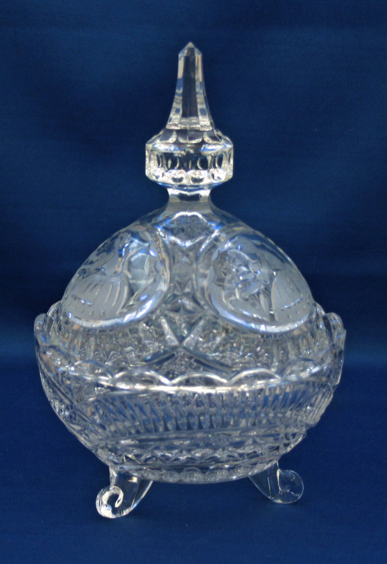 Vintage Clear Crystal Candy Dish or Nut Bowl with Lid Lady picking