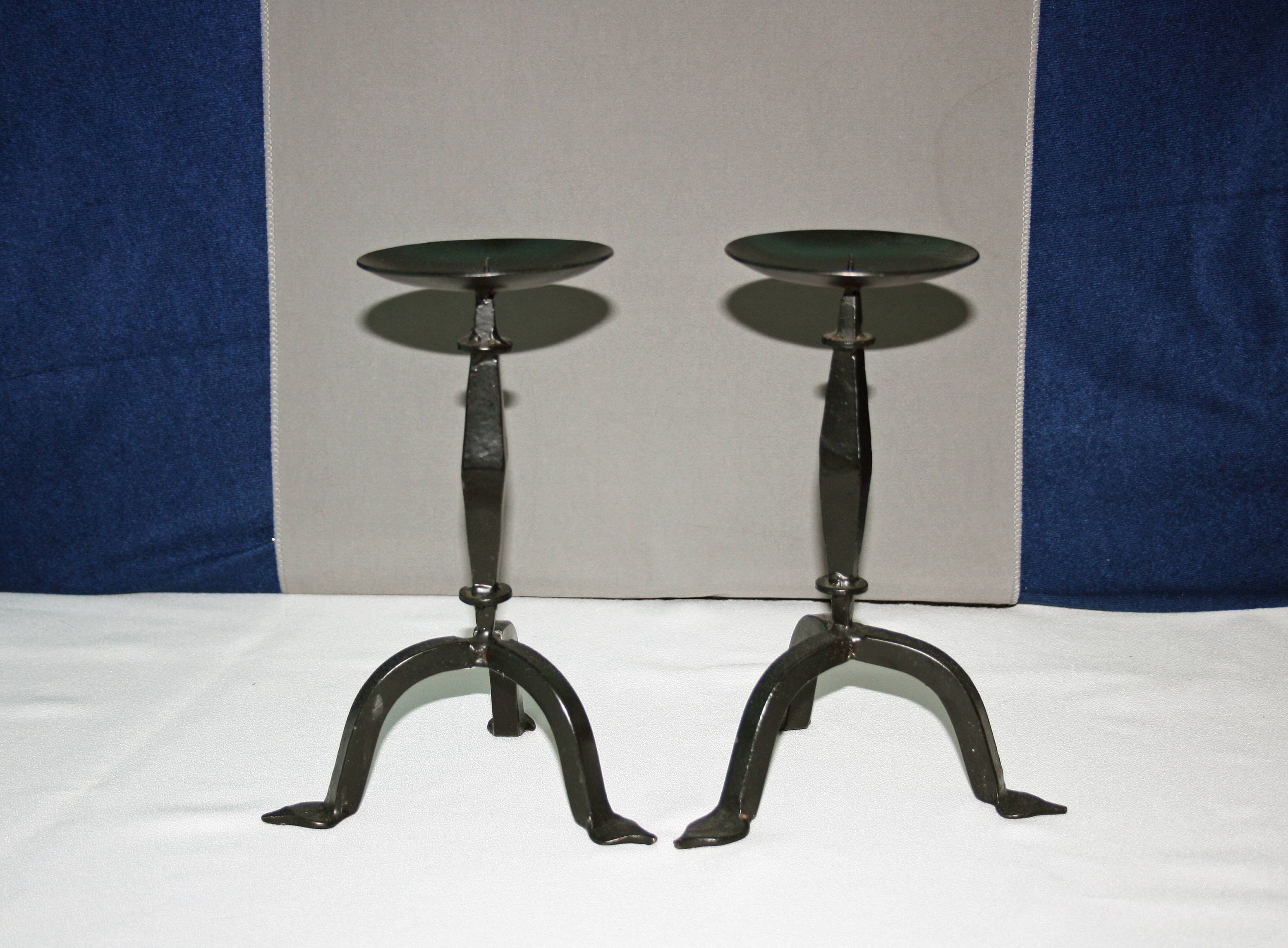 Pair Hand Wrought Iron TriFoot Tabletop Candlesticks Set of 2