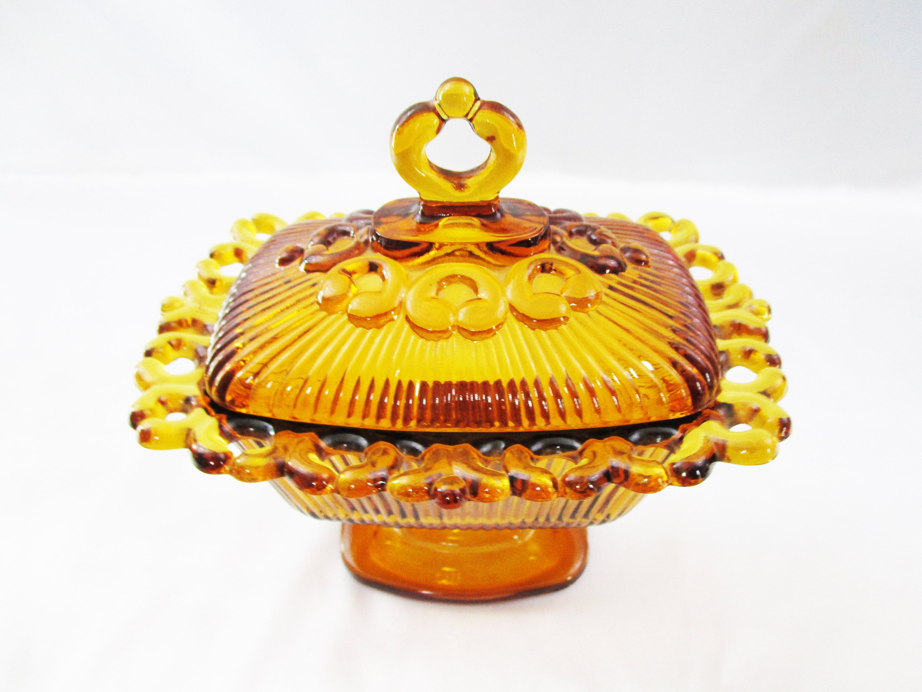 Vintage Indiana Glass Amber Covered Candy Dish Lace Edge Pedestal