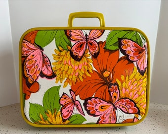 Vintage 1960s or 1970s Bold Neon Butterfly Pattern Small Travel Suitcase