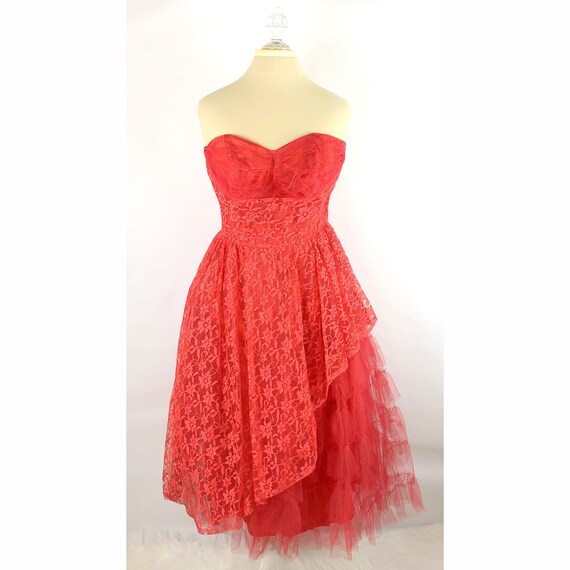 VTG 1950's Red Lace Tulle Handmade Prom Dress