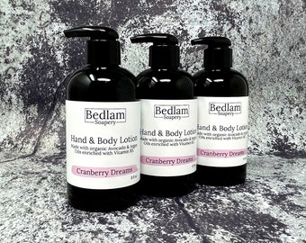 Cranberry Plum Lotion • Large 8 Oz with Mallow Root Extract • Vegan Friendly • Avocado and Argan Cream • With Vitamin B5 • Paraben Free •