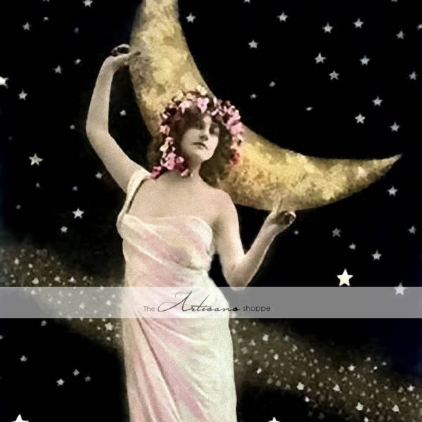 Paper Moon Woman Art Nouveau Pink Gold Stars Antique Photography - Digital Download Printable Image - Paper Crafts Scrapbook Altered Art