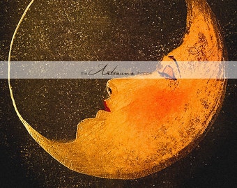 Digital Download Printable Art - Antique Moon Face in Quarter Moon - Paper Crafts Scrapbooking Altered Art - Art Deco Vintage Moon Image Art