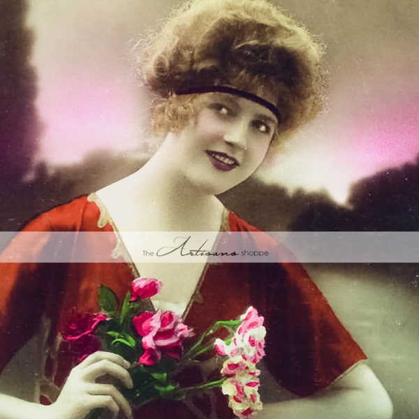 Printable Instant Download - Antique French Deco Hand Tinted Portrait Photograph  - Paper Crafts Scrapbooking Altered Art - Woman Roses Red