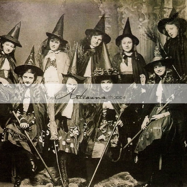Printable Instant Download - Woman in Witch Costumes Coven Black Witch Antique Halloween Photograph - Paper Crafts Scrapbook Altered Art