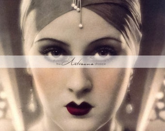 Lady Art Deco Portrait Antique Tinted Photograph - Digital Download Printable Instant - Paper Crafts Scrapbook Altered Art - Woman Glamour