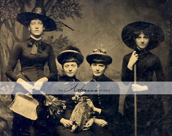 Antique Witches Tintype 1800's Women in Witch Costumes - Digital Download Printable Image - Paper Crafts Scrapbooking Altered Art Image
