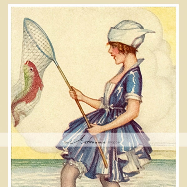 Instant Art Printable Download - Sailor Girl Pin Up Fishing Nautical Antique Vintage Postcard Art - Paper Crafts Altered Art Scrapbooking