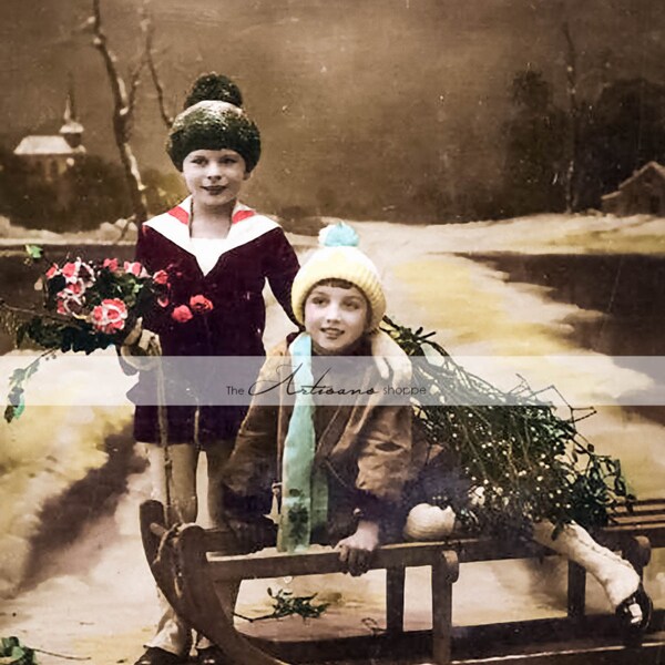 Instant Art Printable Download - Antique Hand Tinted Photograph Christmas Children Sled Snow Photograph - Paper Crafts Scrapbook Altered Art