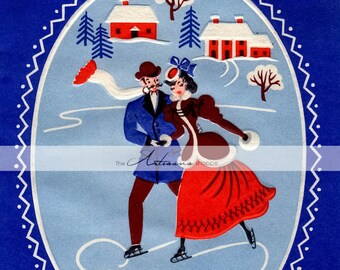 Afdrukbare kunst downloaden - antieke Art Deco kerstkaart schaatsen Winters tafereel Vintage Art Image - Paper Crafts Altered Art Scrapbooking
