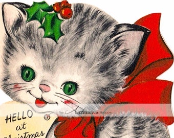 Printable Instant Download - Vintage Christmas Kitten Card Image - Paper Crafts Scrapbook Altered Art - Vintage Cute Cat Kitty Christmas Art