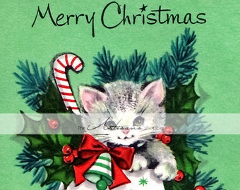 Vintage Christmas Grey Kitten Candy Cane Holly Berry Card Image - Instant Art Printable Download - Altered Art Paper Crafts Scrapbooking