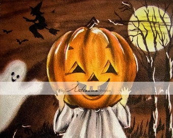 Digital Download Printable Art - Ghost Pumpkin Vintage Halloween Art Image - Scrapbook Paper Crafts Altered Art - Trick or Treat Spooky