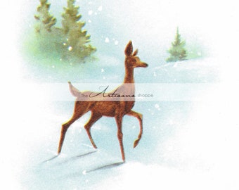 Instant Art Printable Download - Deer Christmas Snow Winter Woodland Vintage Antique Art Image - Paper Crafts Altered Art Scrapbook Cards