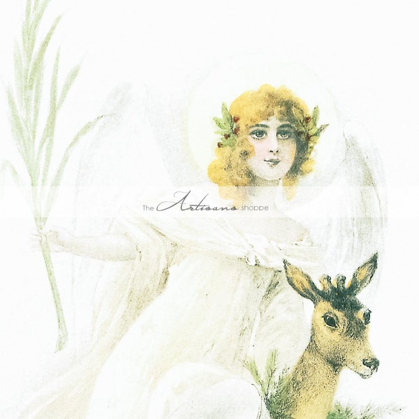 Printable Art Instant Download - Woodland Angel Deer Christmas Antique Vintage Art Image - Paper Crafts Scrapbooking Altered Art