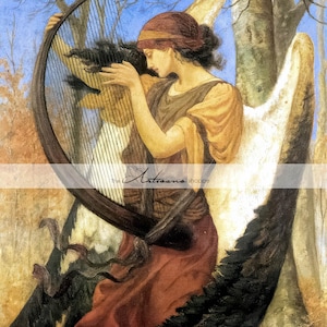 May include: A painting depicts a figure with large wings playing a harp. The figure wears a red dress and a brown head covering. The background features trees and a blue sky, with the text "The Artisans shoppe" in the lower center.