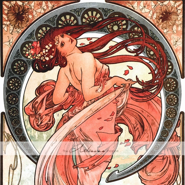 Instant Art Printable Download - Dance Pink Art Nouveau Woman Design Art Mucha - Paper Crafts Altered Art Scrapbook - Vintage Antique Art