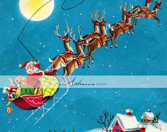 Vintage Weihnachtsmann und Rentier Weihnachtskarte Bild (Digitaler Download)