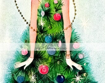 Digital Download Printable Art - Vintage Art Deco Christmas Tree Dress - Paper Crafts Scrapbook Altered Art - Kitsch Christmas Tree Woman