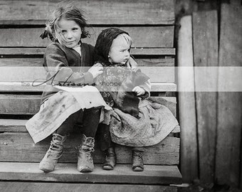 Digital Download Printable - Black and White Antique Photography Two Little Girls on Steps - Paper Crafts Scrapbooking - Vintage Photography