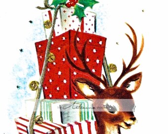 Printable Instant Download - Reindeer Christmas Card Vintage - Paper Crafts Scrapbooking Altered Art - Printable Vintage Christmas Card Art