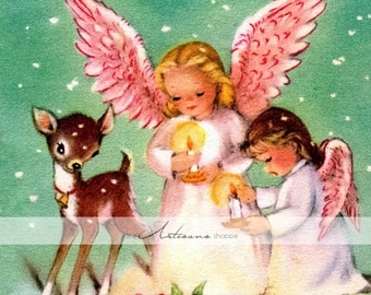 Christmas Angels Card Baby Deer Fawn Snow Vintage Antique Art Image - Digital Download Printable Image - Paper Crafts Scrapbook Altered Art