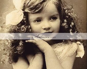 Shabby Chic Little Girl Curls Curly Hair Bow Sepia Antique Photograph - Digital Download Printable Art - Paper Craft Scrapbook Altered Art