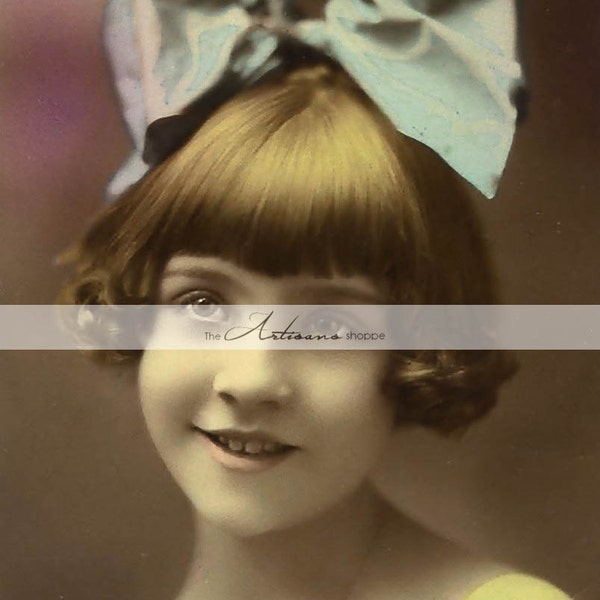 Digital Download Printable Art - Little Girl with Big Blue Bow - Paper Crafts Scrapbook Altered Art - Girl Portrait Hand Tinted Photograph