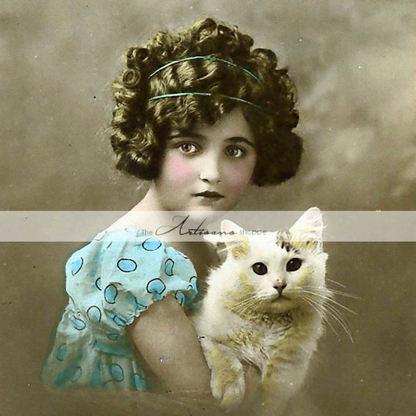 Printable Art Download - Girl with Cat Hand Tinted Antique Photograph - Paper Crafts Altered Art Scrapbook - Vintage Portrait Photography