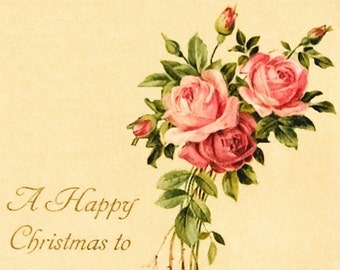 Instant Art Printable Download - Christmas Roses Shabby Cottage Chic Vintage Antique Postcard Greeting - Paper Crafts Altered Art Scrapbook