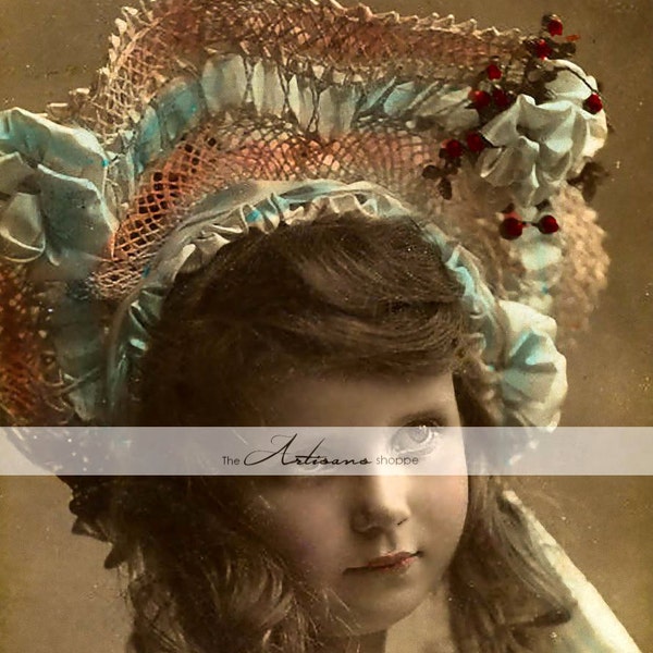 Little Girl in Bonnet Victorian Portrait Antique Tinted Photograph - Digital Download Printable Instant - Paper Crafts Scrapbook Altered Art