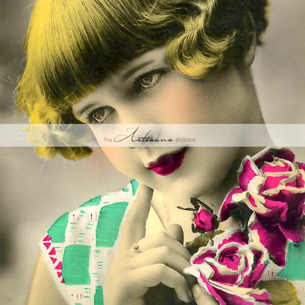 Instant Art Printable Download - Little Girl Tinted Art Deco Photograph Portrait - Paper Crafts Altered Art Scrapbook - Antique Vintage