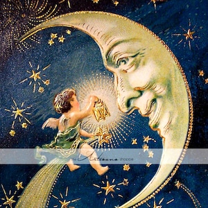 Sofortige Kunst druckbare Download - Vintage Neujahr Postkarte Bild Mond Engel - Papier Handwerk Scrapbook verändert Kunst - antikes frohes neues Jahr